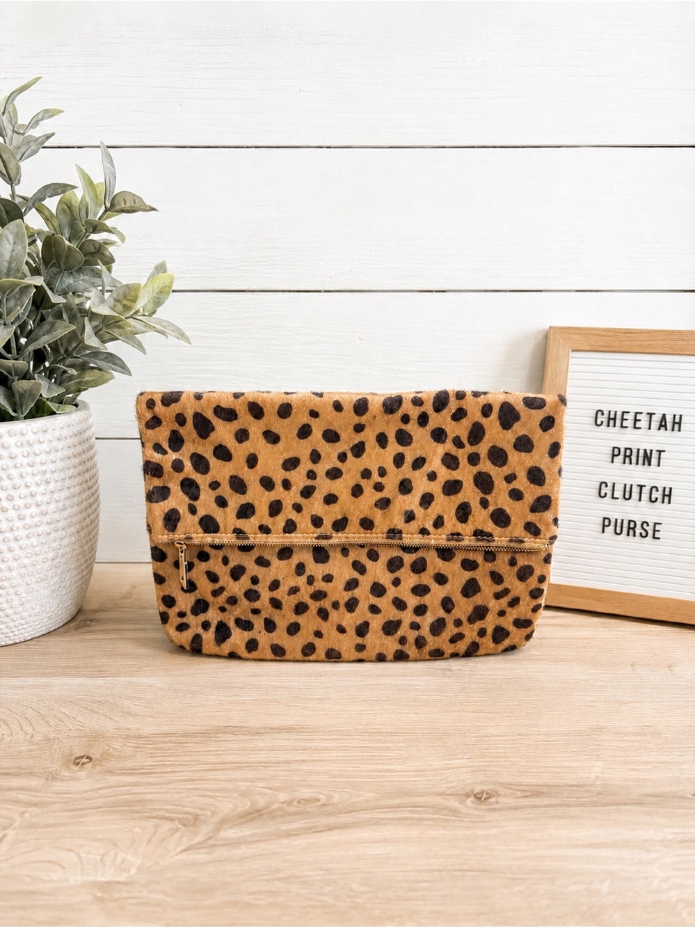 ✨ Cheetah Print Foldover Clutch Purse | Faux Fur Animal Print Zip Pouch